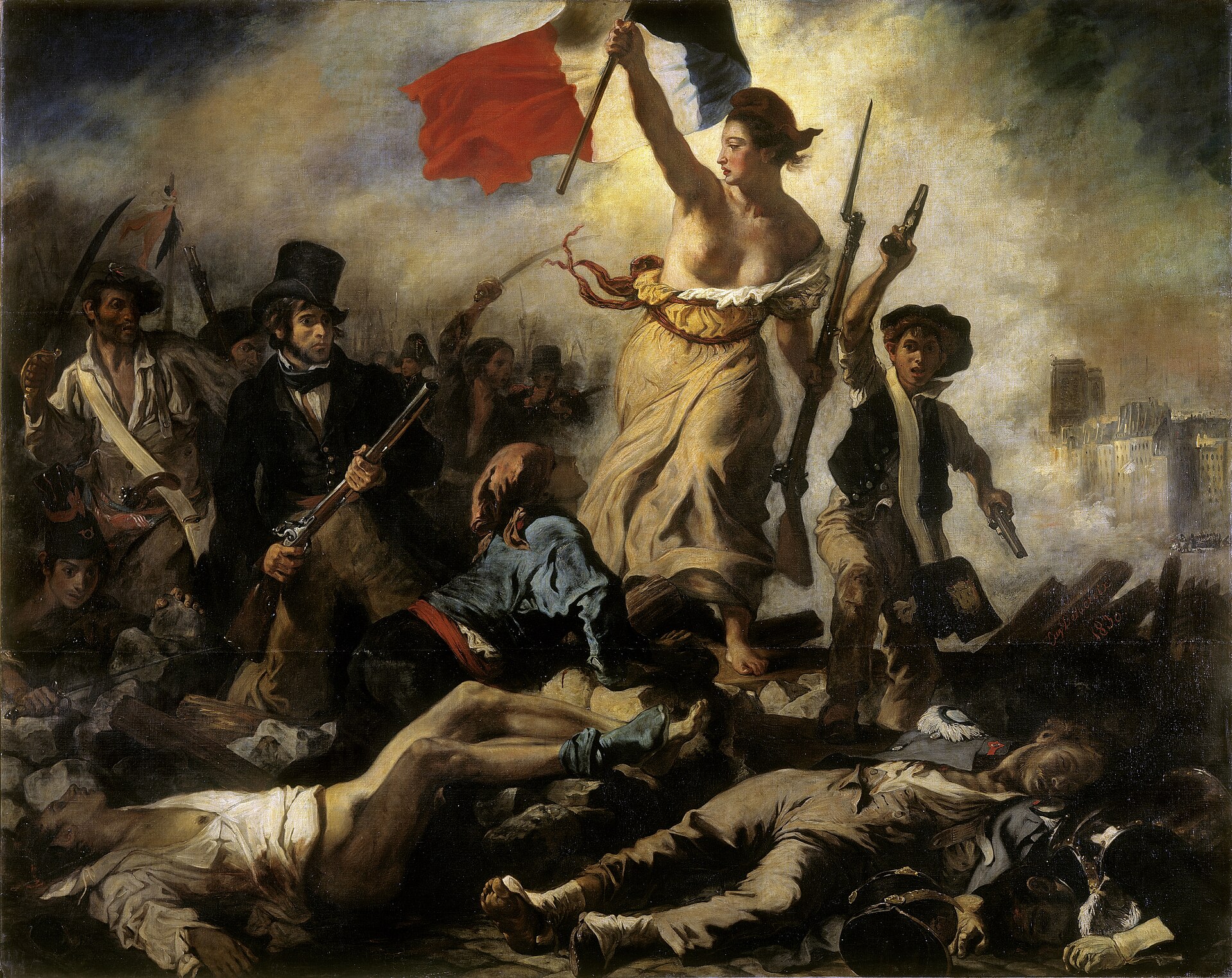 Delacroix's painting Liberty Leading the People: Liberty, raising the French tricolour and a musket, leads armed Parisians over a barricade strewn with the fallen.